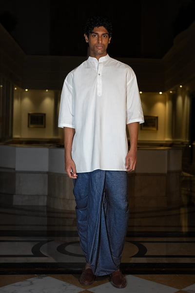 LONGLINE POPLIN KURTA-SHIRT & DENIM DHOTI PANT