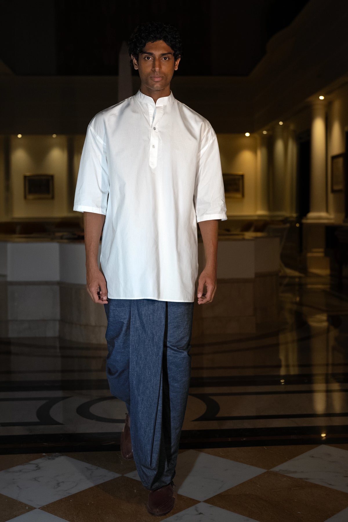 LONGLINE POPLIN KURTA-SHIRT & DENIM DHOTI PANT