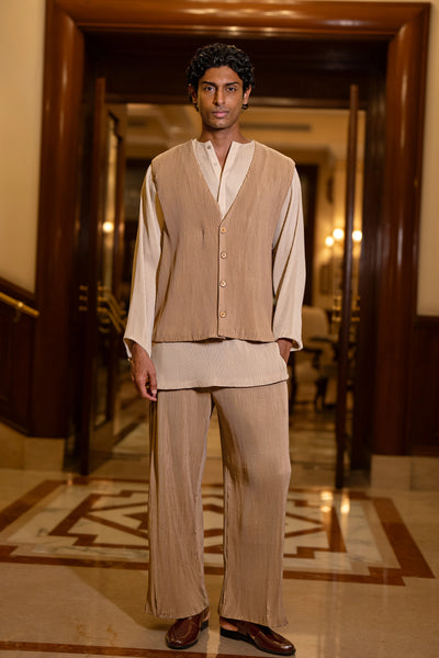 PLEATED BANDI JACKET, KURTA-SHIRT & STRAIGHT-CUT PANT SET