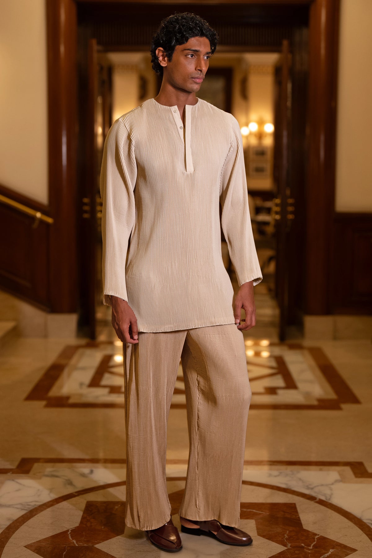 PLEATED BANDI JACKET, KURTA-SHIRT & STRAIGHT-CUT PANT SET