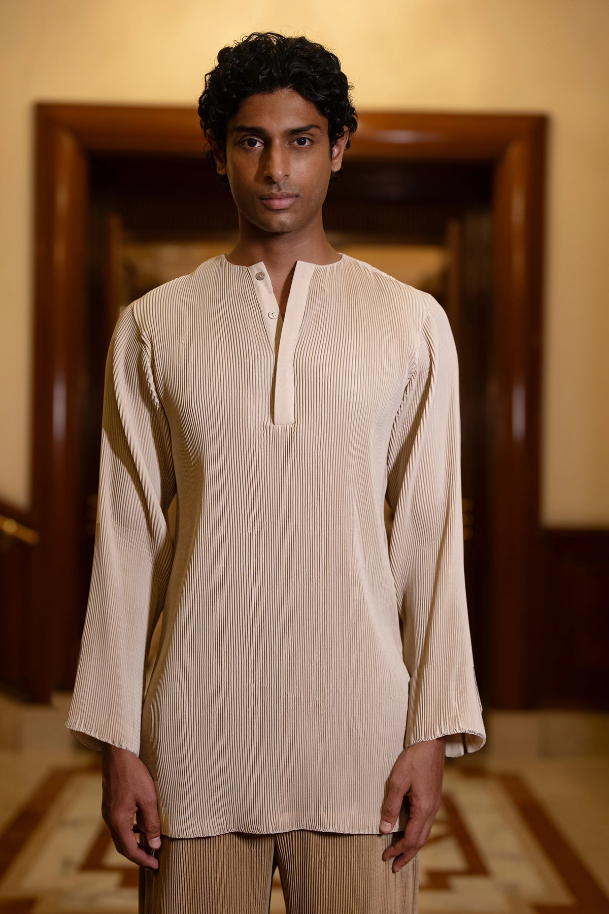 PLEATED BANDI JACKET, KURTA-SHIRT & STRAIGHT-CUT PANT SET