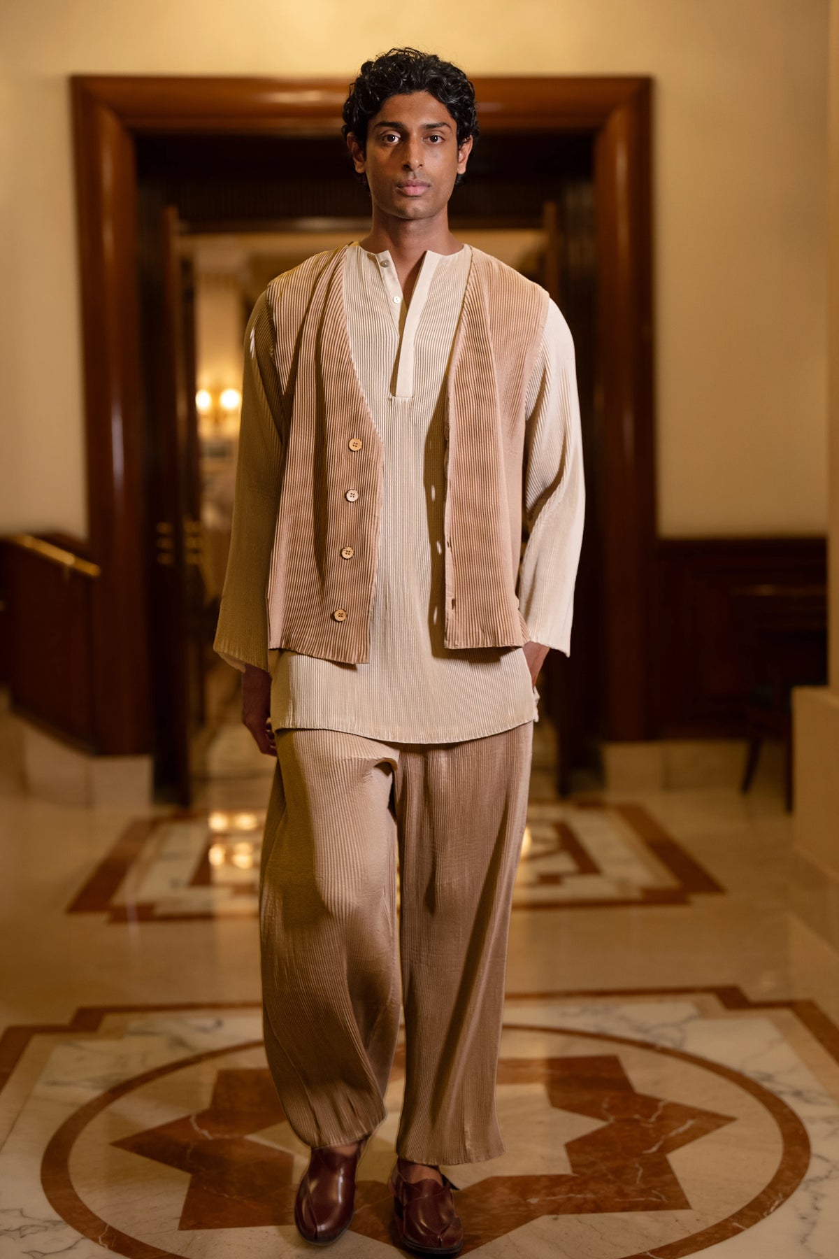 PLEATED BANDI JACKET, KURTA-SHIRT & STRAIGHT-CUT PANT SET