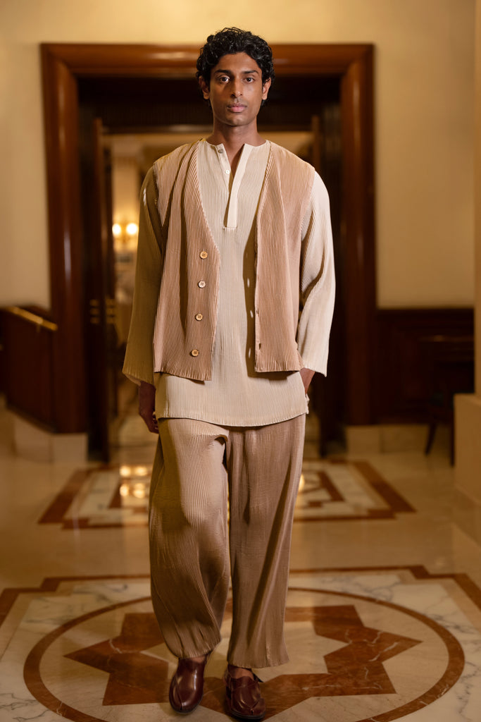 PLEATED BANDI JACKET, KURTA-SHIRT & STRAIGHT-CUT PANT SET dash and dot