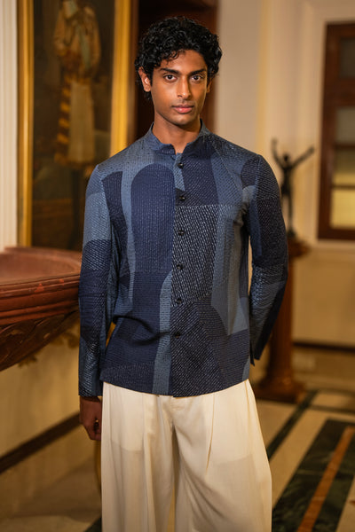 ABSTRACT EMBROIDERED SHIRT & IVORY WIDE-LEGGED PANT