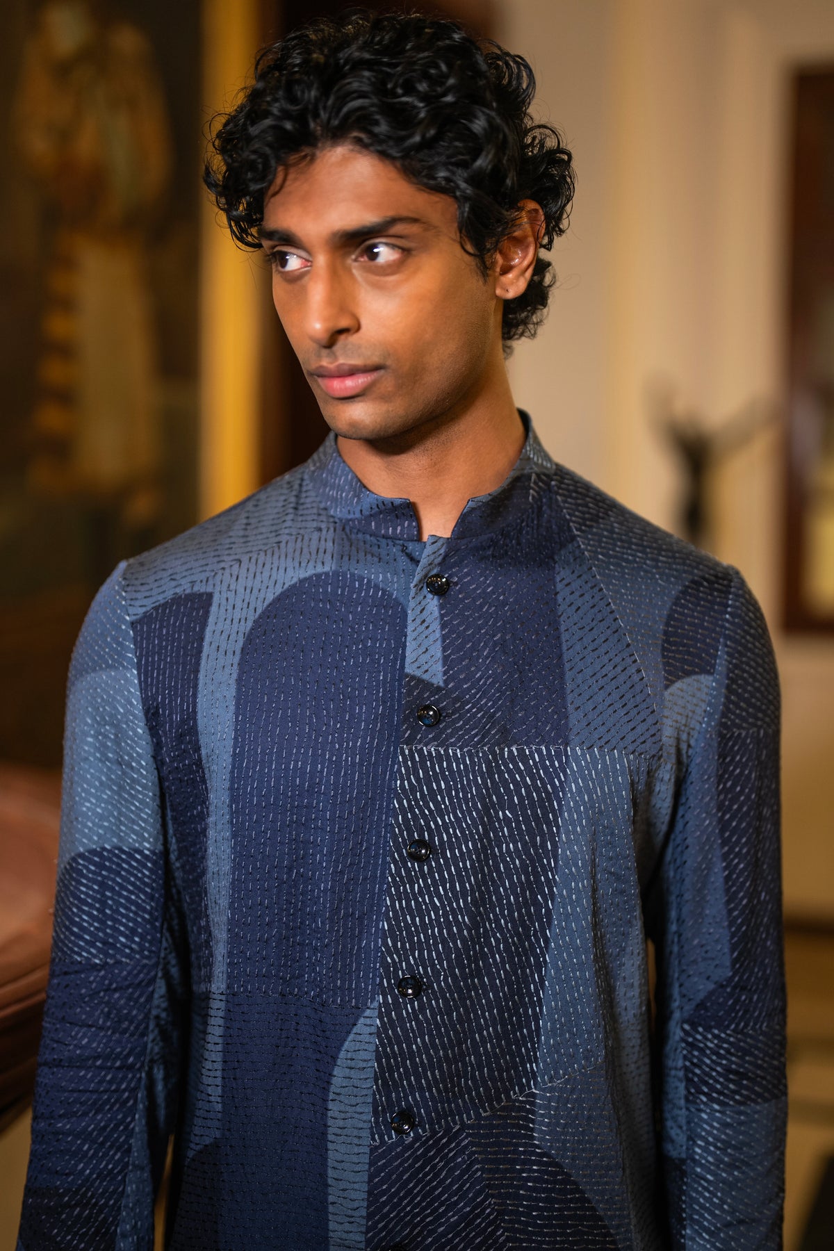 ABSTRACT EMBROIDERED SHIRT & IVORY WIDE-LEGGED PANT