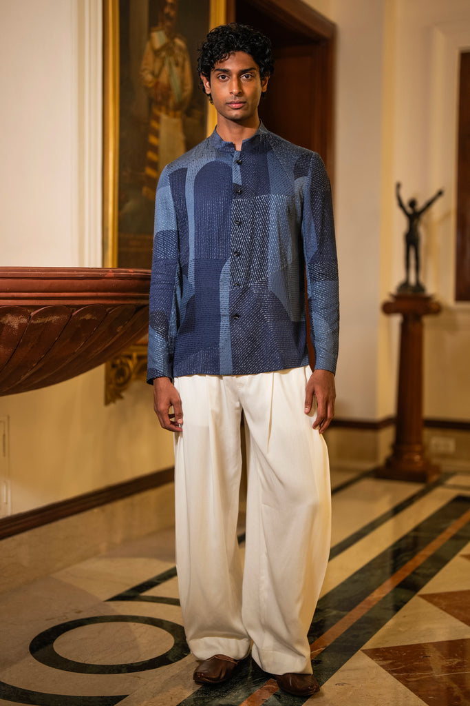 ABSTRACT EMBROIDERED SHIRT & IVORY WIDE-LEGGED PANT dash and dot