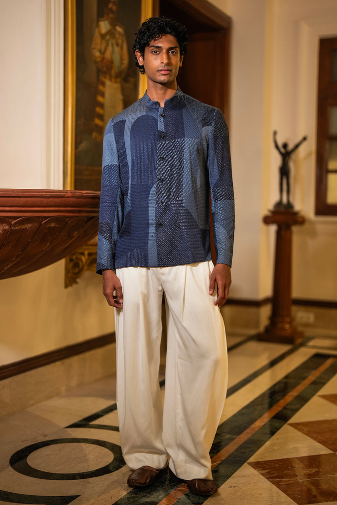 ABSTRACT EMBROIDERED SHIRT & IVORY WIDE-LEGGED PANT dash and dot