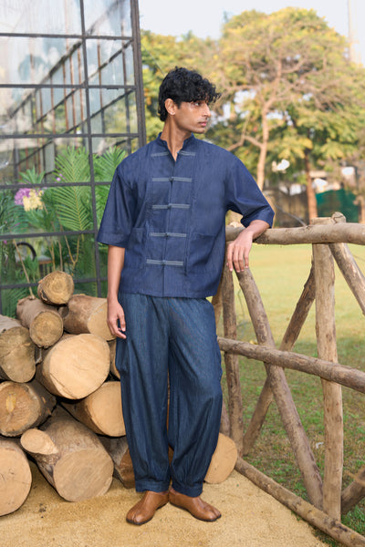 DENIM KNOT BUTTON SHIRT & BOX PLEAT PANT