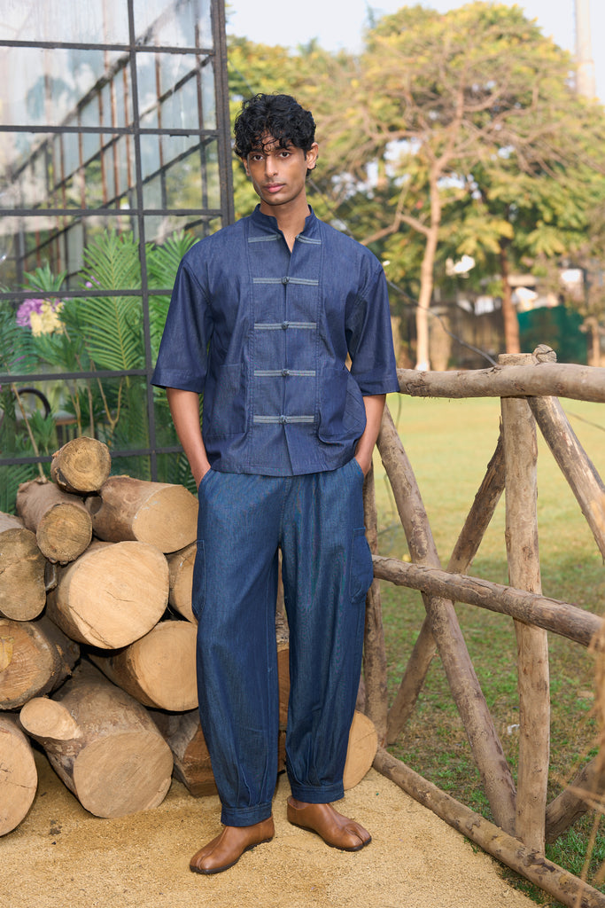 DENIM KNOT BUTTON SHIRT & BOX PLEAT PANT dash and dot