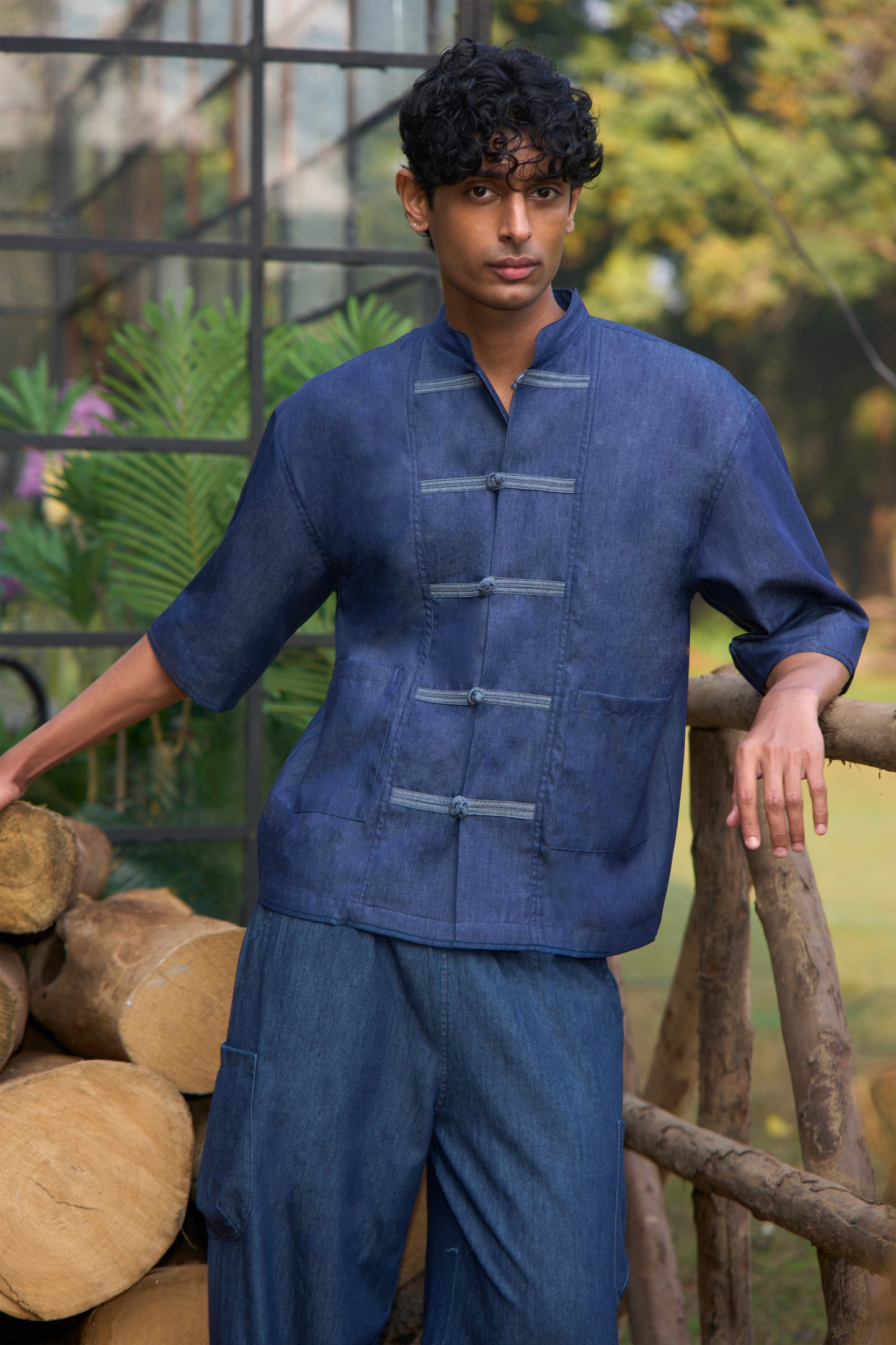 DENIM KNOT BUTTON SHIRT & BOX PLEAT PANT