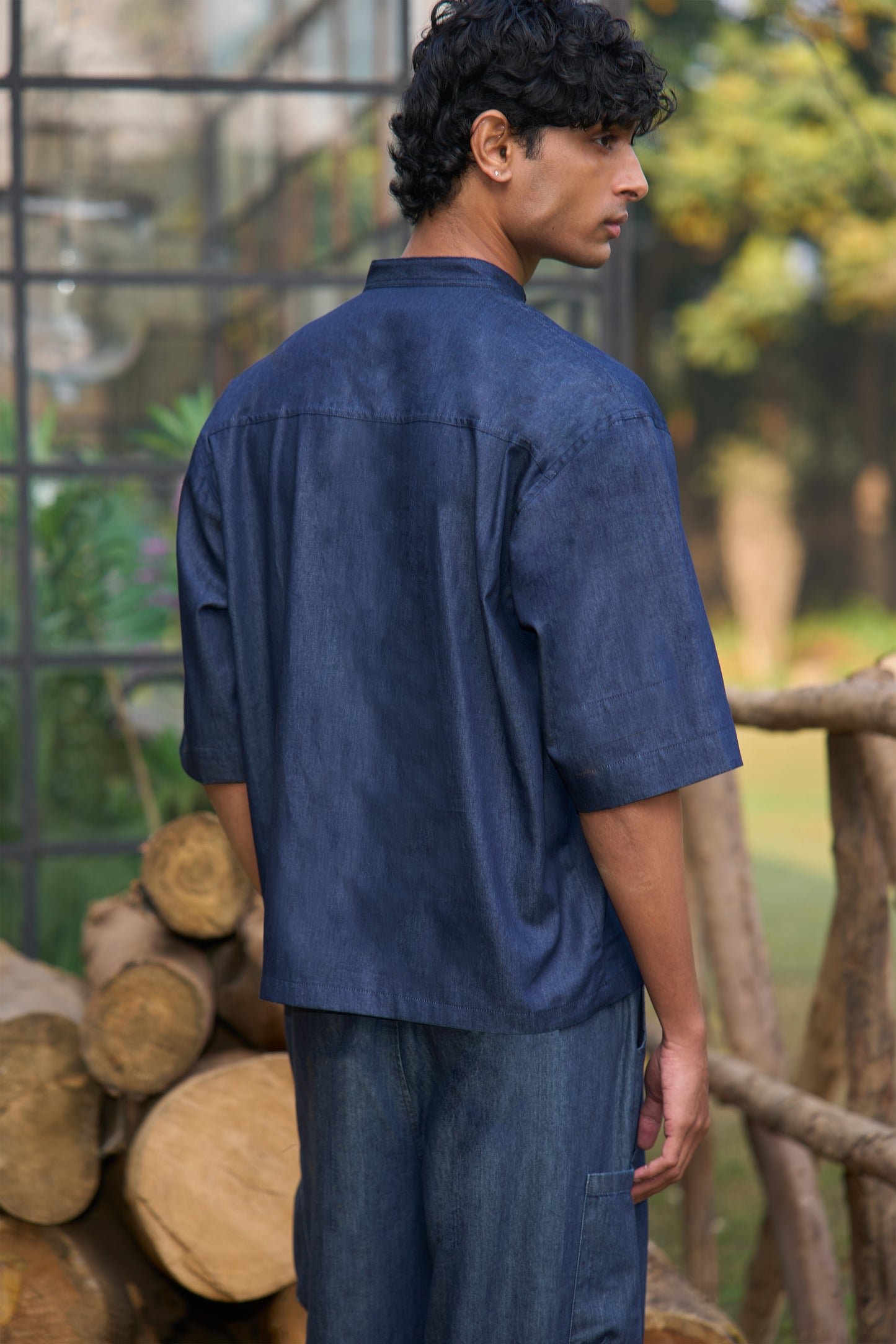 DENIM KNOT BUTTON SHIRT & BOX PLEAT PANT