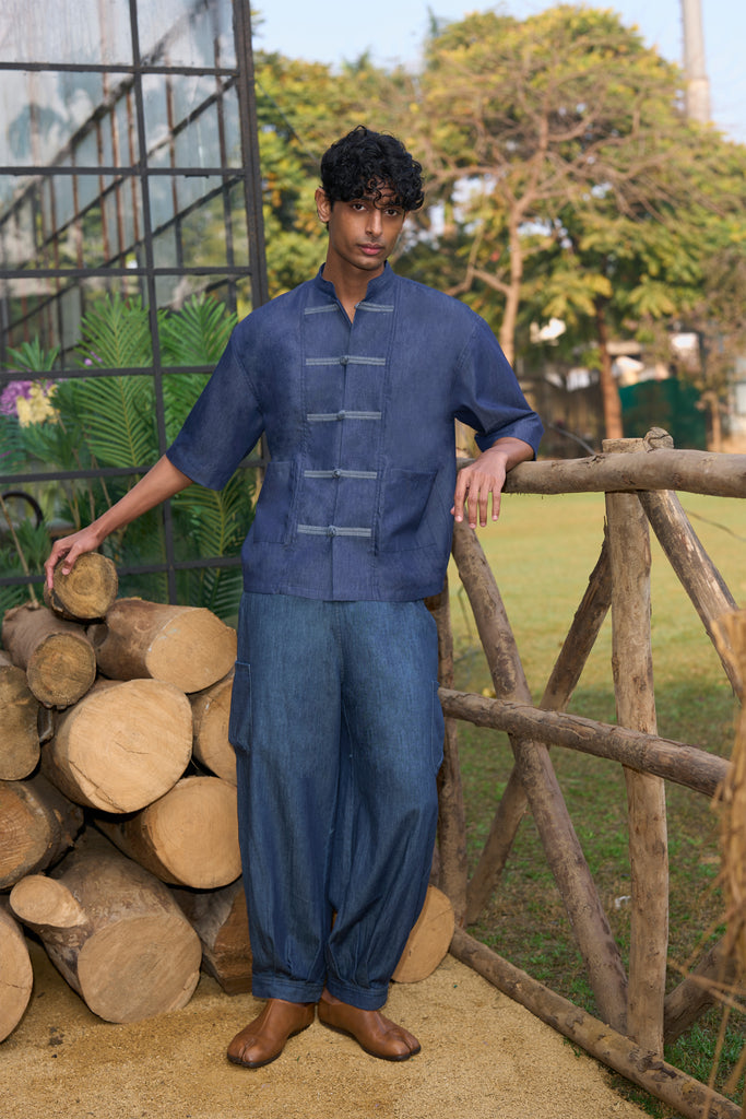 DENIM KNOT BUTTON SHIRT & BOX PLEAT PANT dash and dot