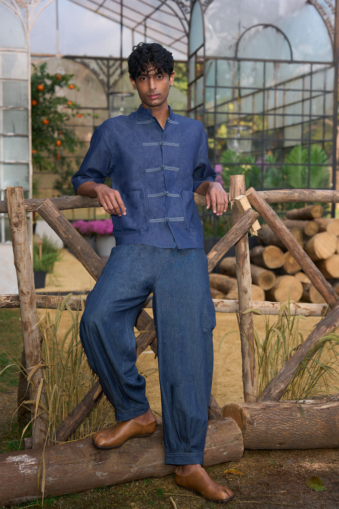 DENIM KNOT BUTTON SHIRT & BOX PLEAT PANT dash and dot