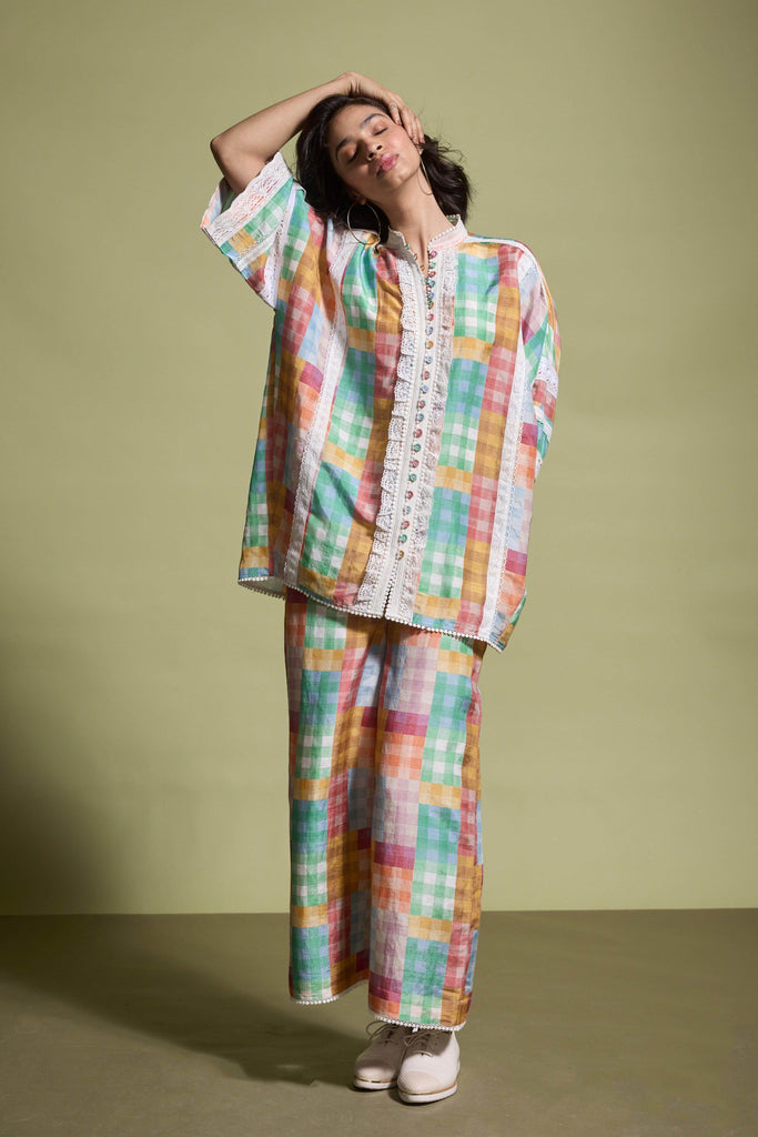 MULTICOLOUR CHECK AND LACE PANT - dash and dot dash and dot