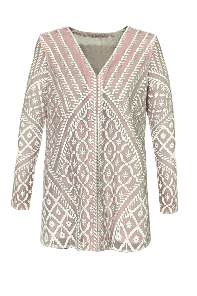 WHITE ON NUDE EMRBOIDERED V-NECK TOP - dash and dot dash and dot