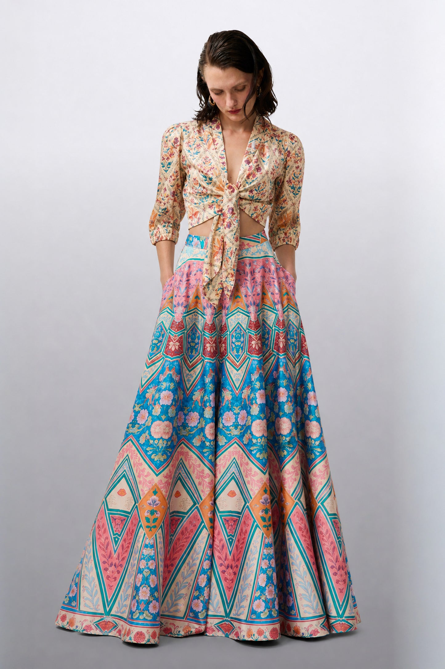 FLORAL PRINT FRONT-TIE TOP & MOSAIC PRINT SKIRT