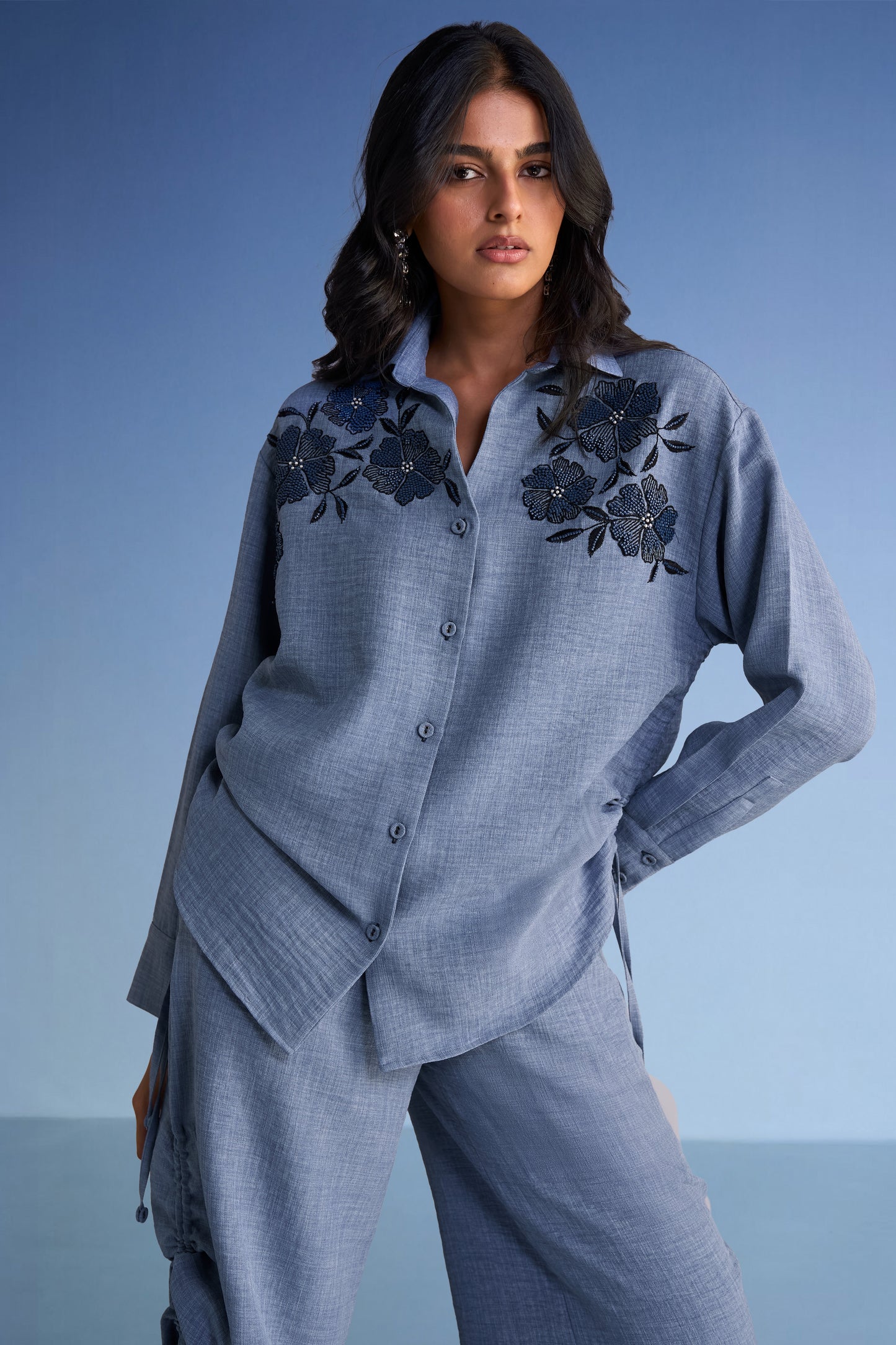 LINEN-TEXTURED WIDE-LEGGED PANT