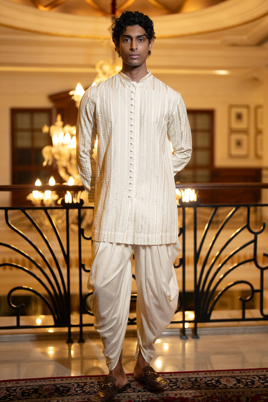 EMBROIDERED LONGLINE SHIRT & DRAPED DHOTI PANT