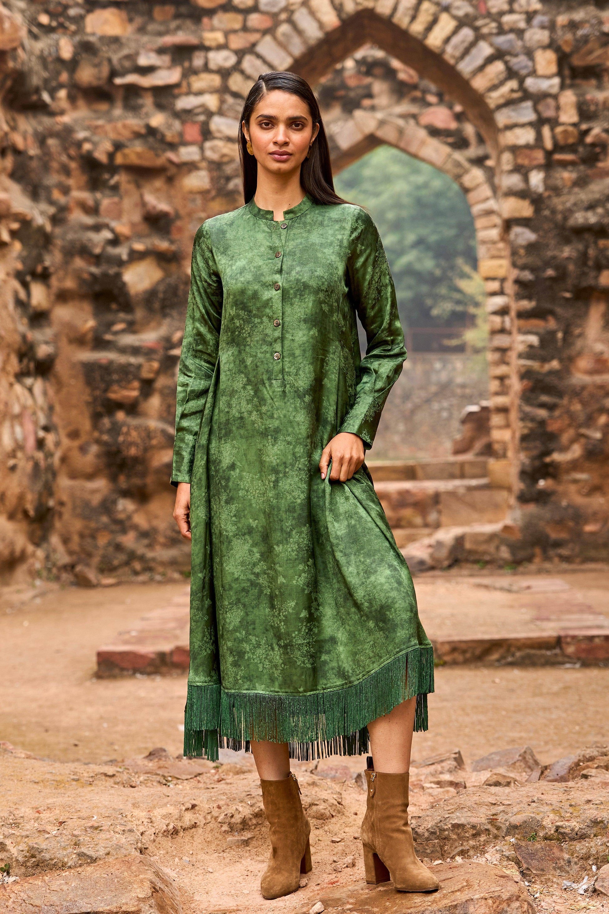 JACQUARD FRINGE MIDI SHIRT DRESS - dash and dot