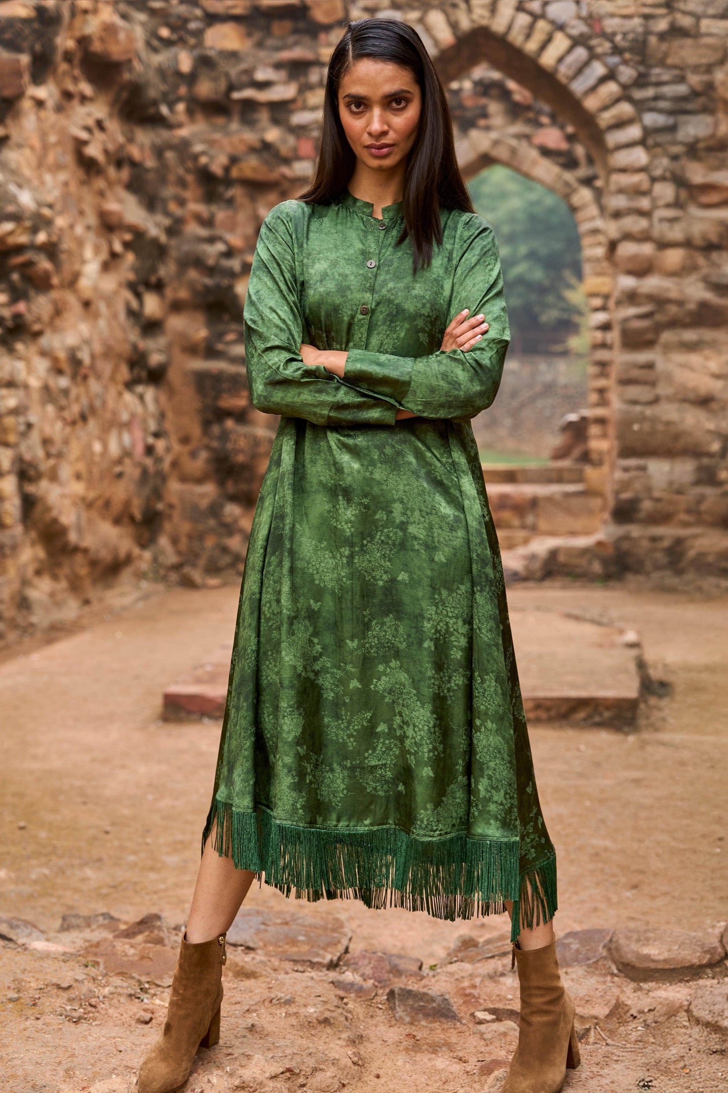 JACQUARD FRINGE MIDI SHIRT DRESS - dash and dot