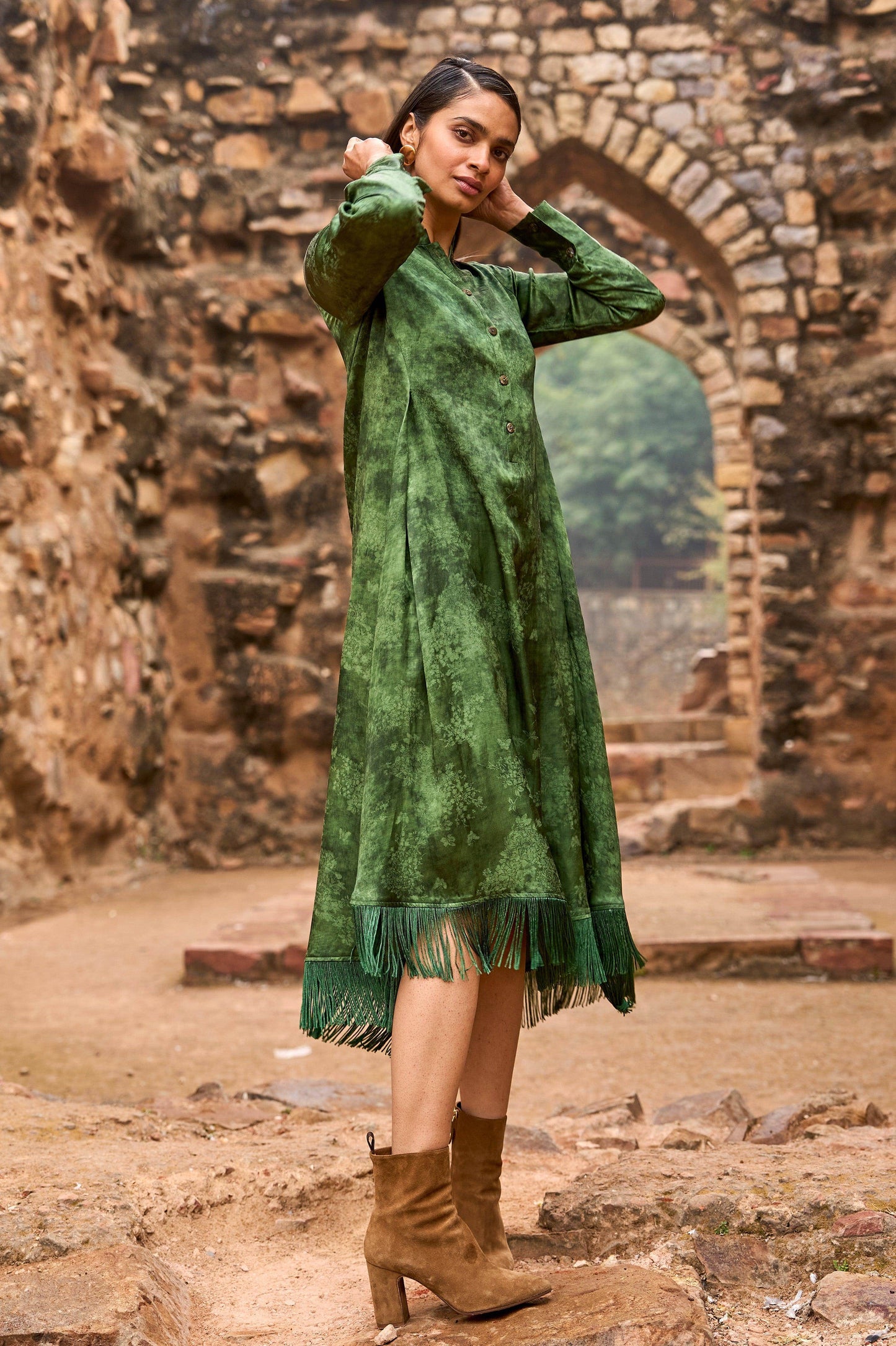 JACQUARD FRINGE MIDI SHIRT DRESS - dash and dot