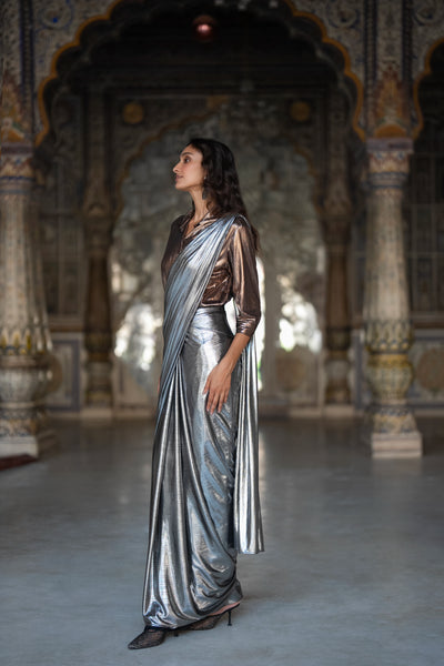 TEXTURED LAMÉ SHIRT & SARI DRAPE SKIRT SET