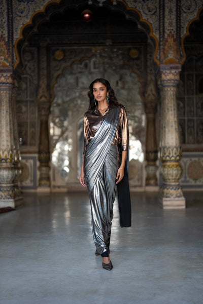 TEXTURED LAMÉ SHIRT & SARI DRAPE SKIRT SET