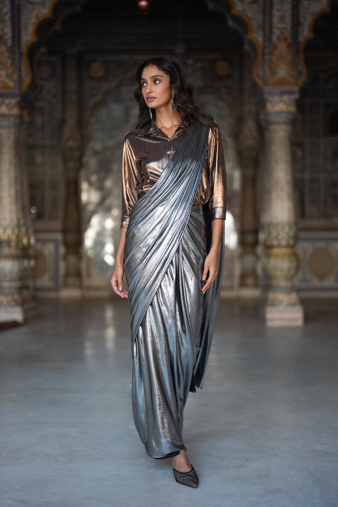 TEXTURED LAMÉ SHIRT & SARI DRAPE SKIRT SET dash and dot