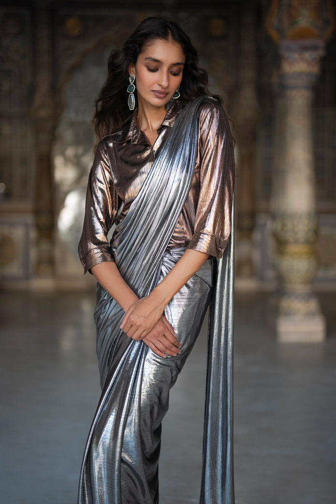 TEXTURED LAMÉ SHIRT & SARI DRAPE SKIRT SET dash and dot