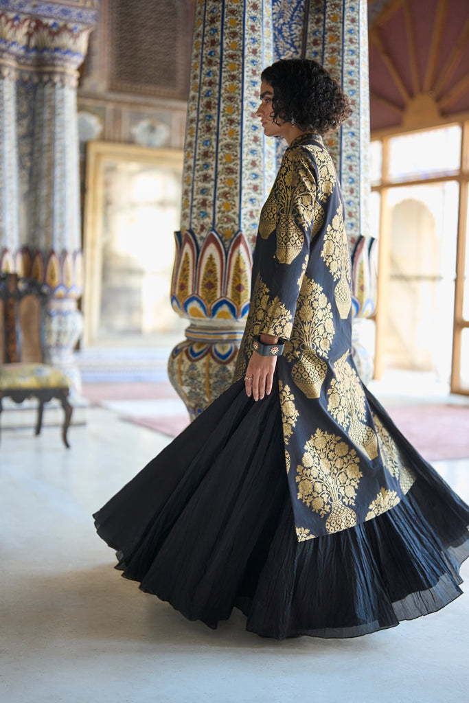 BENARES SILK BROCADE JACKET & CRUSHED CRINKLE MAXI SKIRT dash and dot