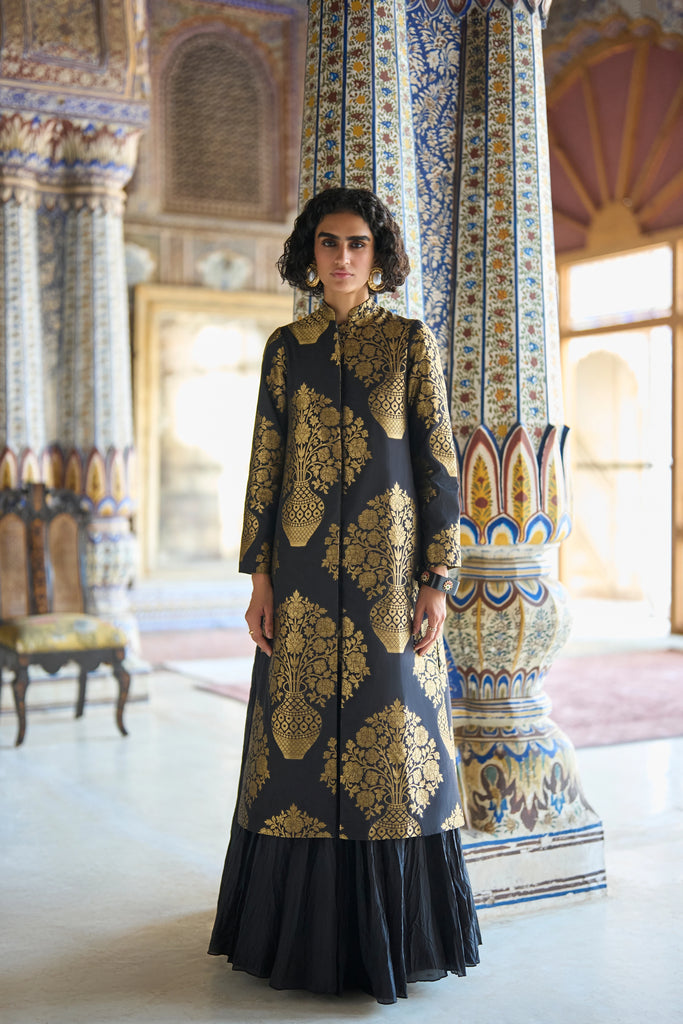 BENARES SILK BROCADE JACKET & CRUSHED CRINKLE MAXI SKIRT dash and dot