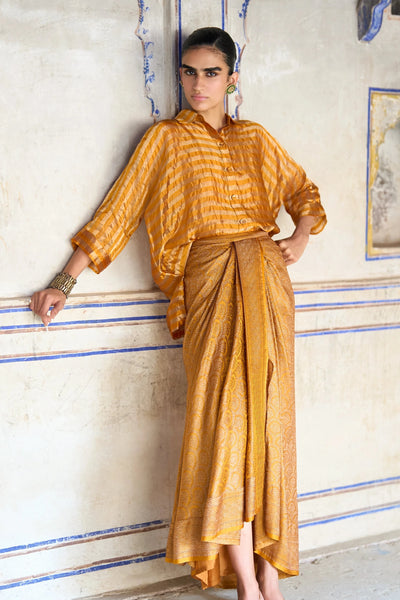 BENARES TISSUE RELAXED FIT SHIRT & BROCADE DRAPE SKIRT