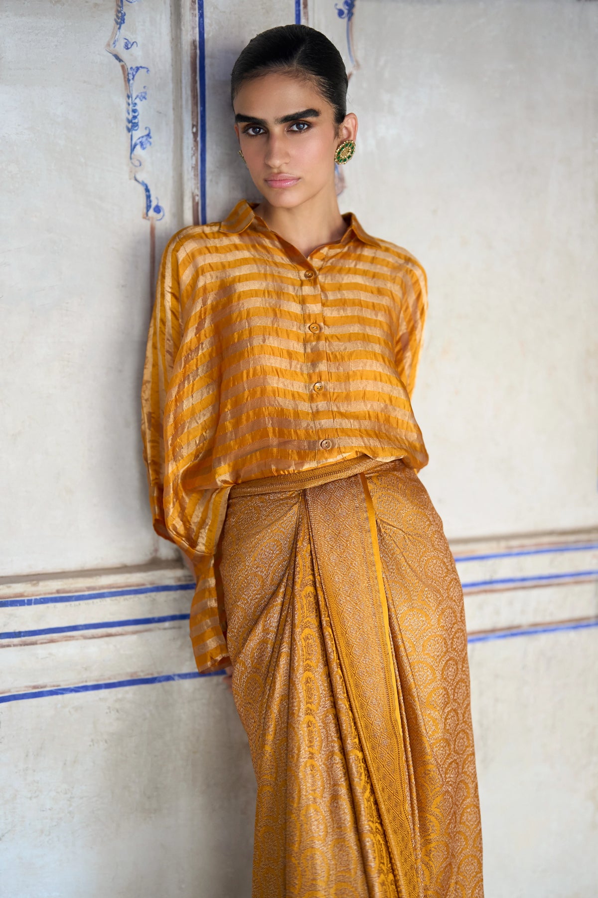 BENARES TISSUE KAFTAN SHIRT & BROCADE DRAPE SKIRT