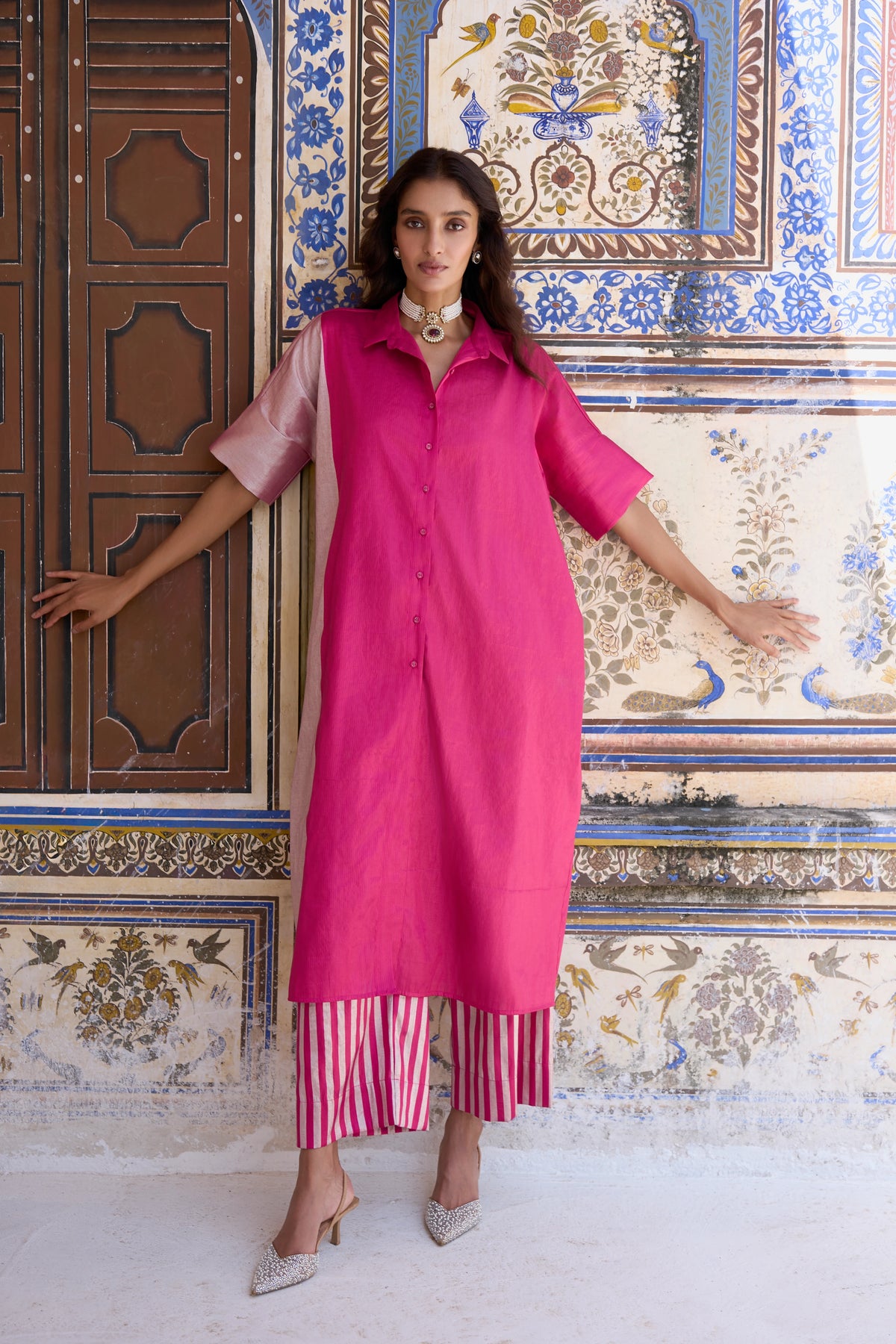 BENARES TISSUE COLOUR BLOCKED LONGLINE TOP & STRIPED PANT SET