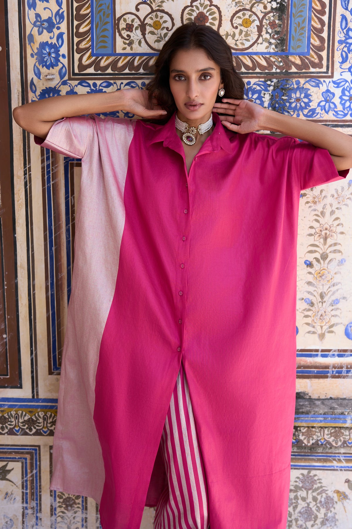 BENARES TISSUE COLOUR BLOCKED LONGLINE TOP & STRIPED PANT SET