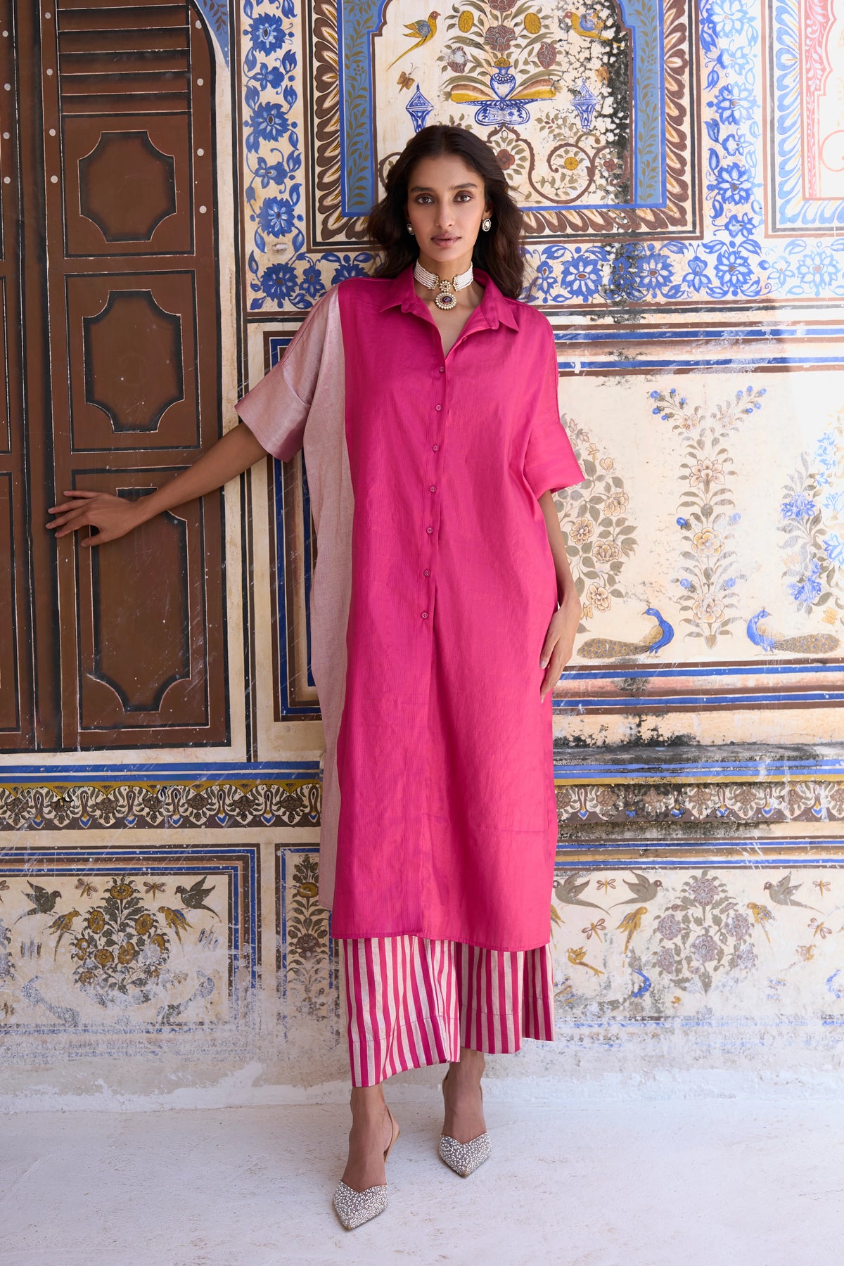 BENARES TISSUE COLOUR BLOCKED LONGLINE TOP
