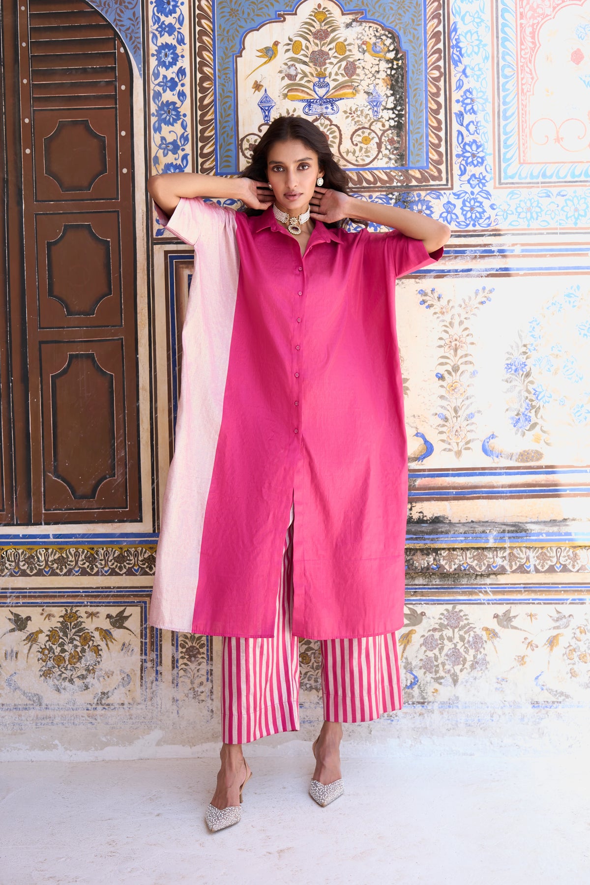 BENARES TISSUE COLOUR BLOCKED LONGLINE TOP