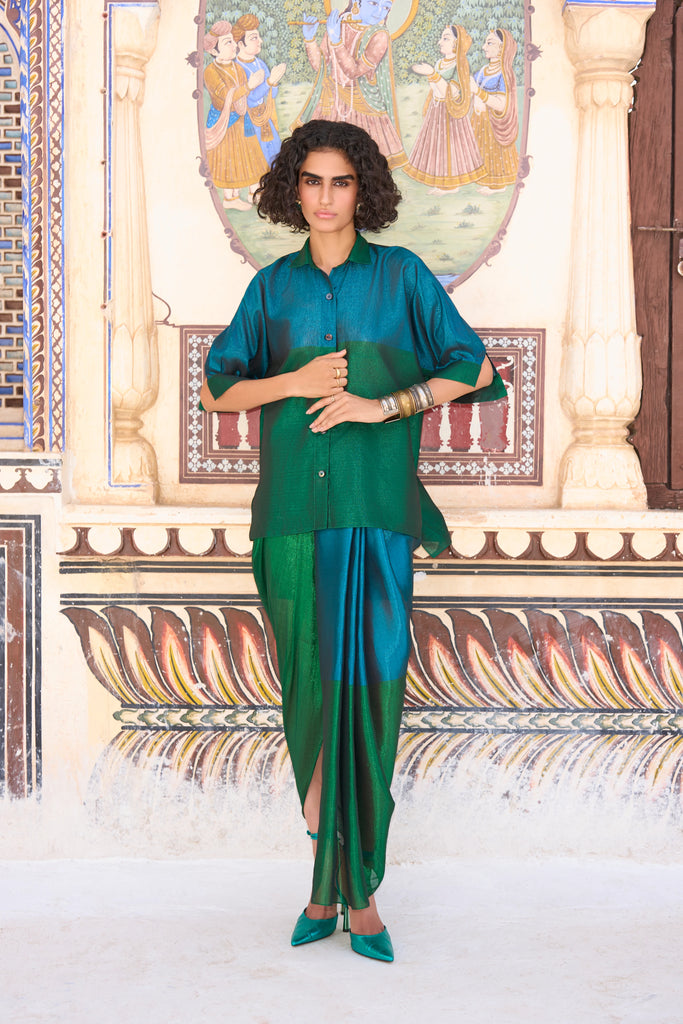 COLOUR BLOCKING BENARES TISSUE SHIRT & SKIRT SET dash and dot