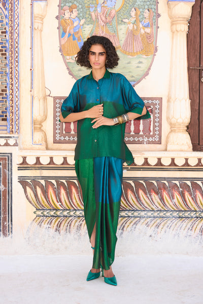 COLOUR BLOCKING BENARES TISSUE SHIRT & SKIRT SET