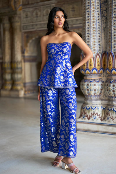 BENARES BROCADE PEPLUM CORSET TOP & WIDE-LEGGED PANT SET