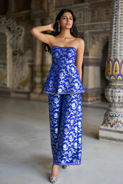 BENARES BROCADE PEPLUM CORSET TOP & WIDE-LEGGED PANT SET