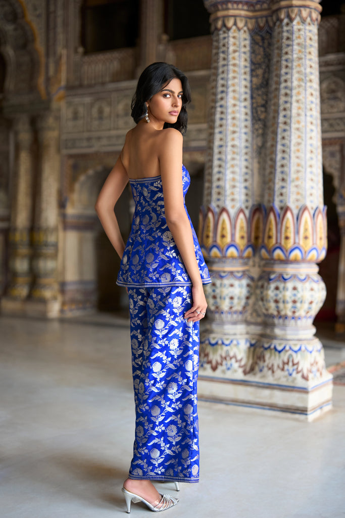 BENARES BROACDE OFF SHOULDER PEPLUM TOP & WIDE-LEGGED PANT SET dash and dot