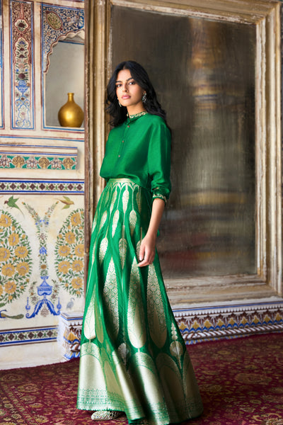 EMBROIDERED MOTIF TEXTURED SHIRT & BENARES BROCADE FLARED MAXI SKIRT