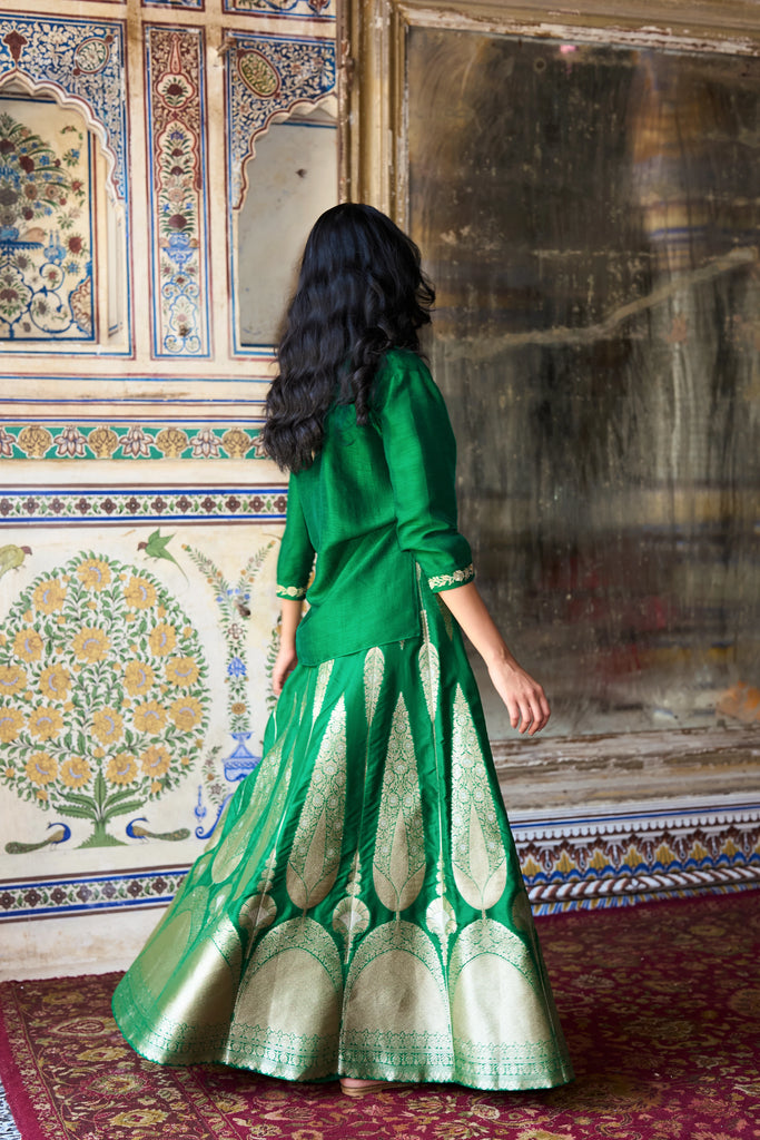 EMBROIDERED MOTIF TEXTURED SHIRT & BENARES BROCADE FLARED MAXI SKIRT dash and dot