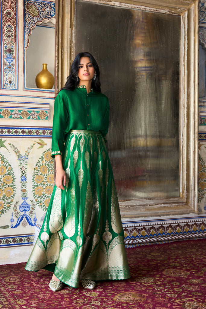 BENARES BROCADE FLARED MAXI SKIRT dash and dot