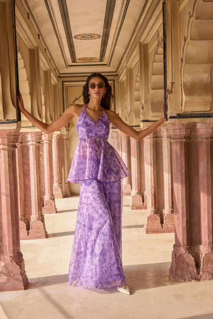PRINTED ORGANZA HALTER NECK TOP & WIDE-LEGGED FLARED PANT SET dash and dot