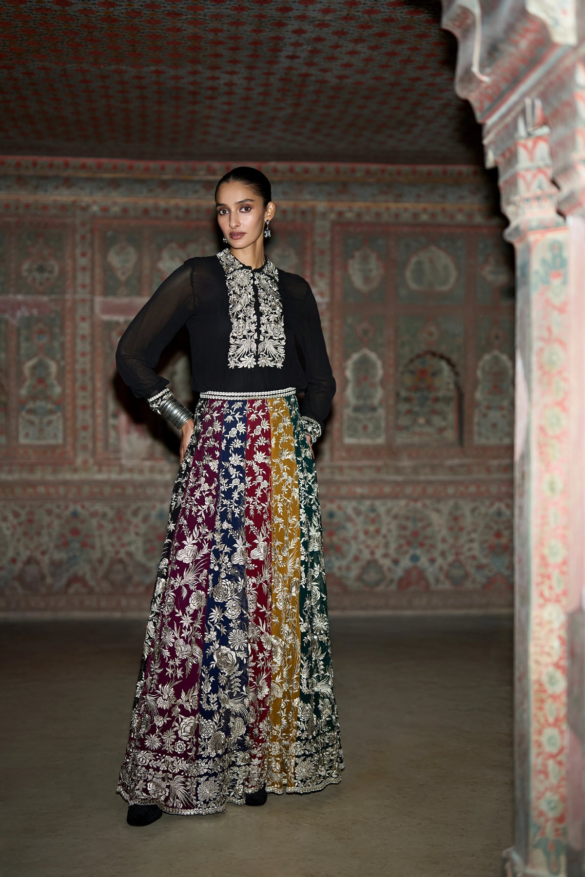 METALLIC THREAD EMBROIDERED SHIRT & FLARED SKIRT SET
