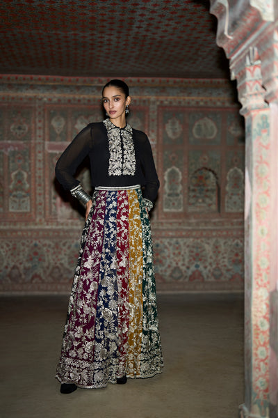 METALLIC THREAD EMBROIDERED SHIRT & FLARED SKIRT SET