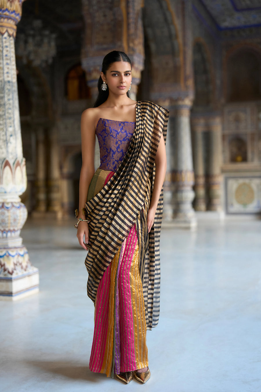 BENARES BROCADE CORSET & MULTICOLOUR STRIPE BENARES TISSUE SARI DRAPE SKIRT