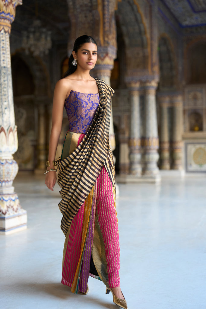 MULTICOLOUR STRIPE BENARES TISSUE SARI DRAPE SKIRT dash and dot